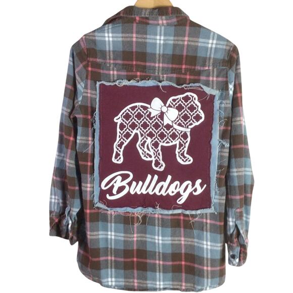 Reworked Bulldogs FLANNEL DENIM tee shirt patch Blue Medium - Picture 1 of 7